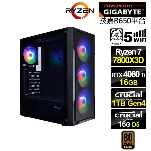 技嘉平台 R7八核GeForce RTX 4060TI{特里同K28C}電競電腦(R7-7800X3D/B650/16G D5/1TB/WIFI)