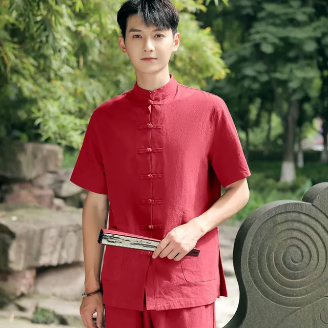【米蘭精品】現貨+預購 唐裝中山裝套裝(中國風太極功夫氣功茶禪短袖棉麻男套裝9色74jf18)