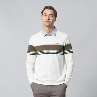 【pierre cardin 皮爾卡登】休閒服飾 男款 棉質混紡印花假兩件襯衫領定位條長袖POLO衫-米白色(5245294-91)