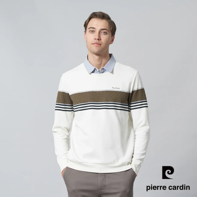 pierre cardin 皮爾卡登 商務休閒 男款 棉質混紡印花假兩件襯衫領定位條長袖POLO衫-米白色(5245294-91)