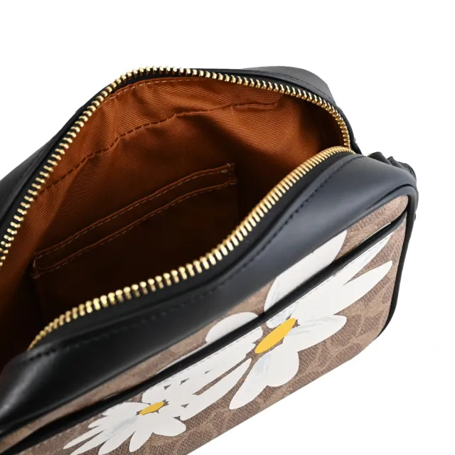 【COACH】限定經典C字花卉印花拼接方包相機包斜背包(駝/黑邊)
