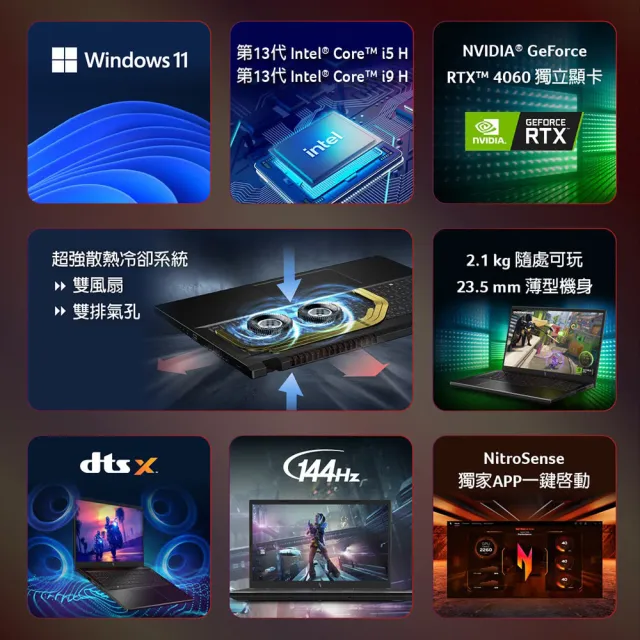 【Acer 宏碁】15.6吋i9 RTX4060電競筆電(Nitro V/ANV15-51-95JQ/i9-13900H/16G/512G/RTX4060/W11)