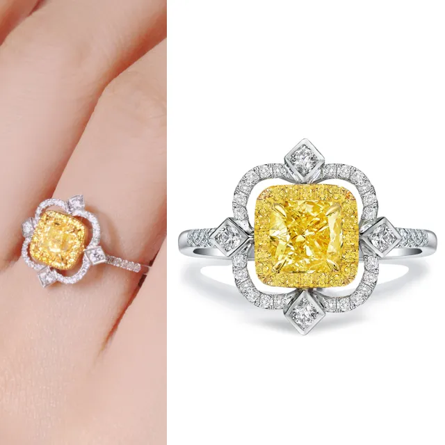 【King Star】GIA 一克拉 18K金 黃彩天然鑽石戒指(枕型花式車工)