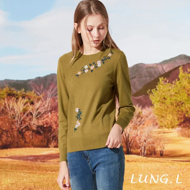 【LUNG.L 林佳樺】L847A橄欖綠手繡花搭配水鑽長袖女裝毛衣(秋冬新品 保暖)