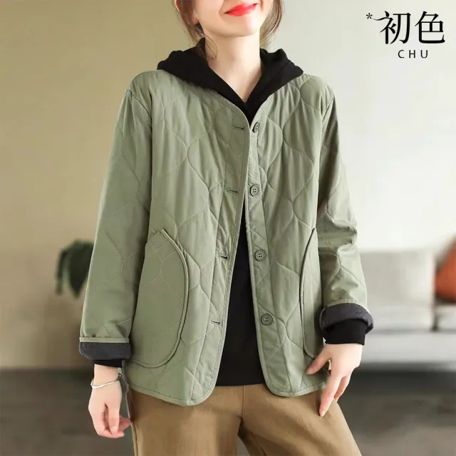【初色】復古風純色大口袋夾棉保暖單排釦長袖外套女外套-共3色-39062(M-2XL可選)