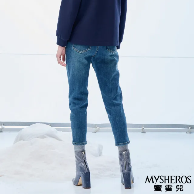 【MYSHEROS 蜜雪兒】棉質休閒牛仔褲 鬆緊腰頭 復古刷白設計(藍)