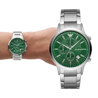 【EMPORIO ARMANI 官方直營】Renato 都會經典碧綠三眼多功手錶 銀色不鏽鋼鍊帶 43MM AR11507【618 限定價】