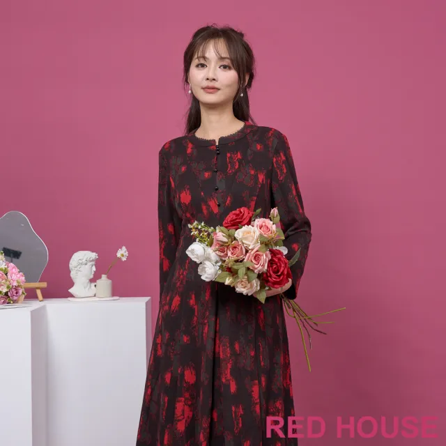 【RED HOUSE 蕾赫斯】典雅水墨印花磨毛長洋裝(紅色)