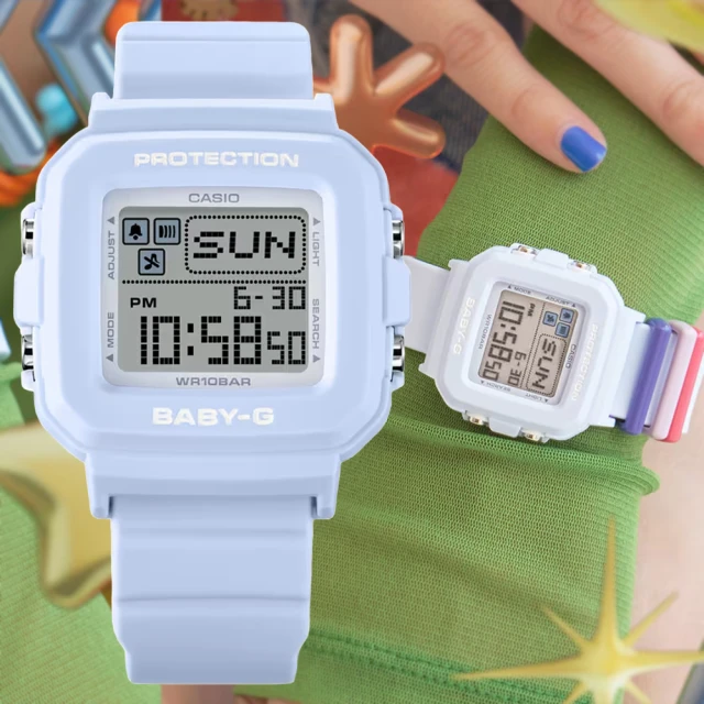 CASIO 卡西歐 BABY-G+PLUS 色彩繽紛錶帶環 像素動畫電子錶-淡藍(BGD-10L-2)