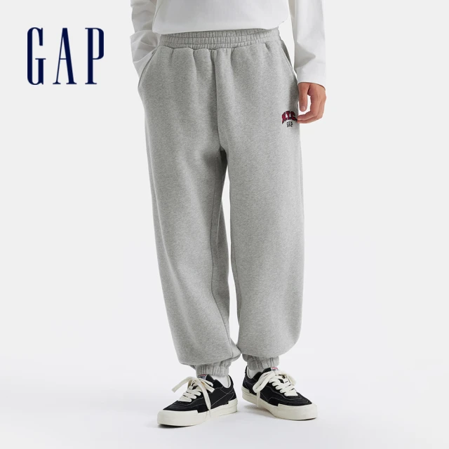 GAP 男裝 Logo刺繡刷毛束口抽繩鬆緊運動褲 碳素軟磨系列-淺灰色(677232)