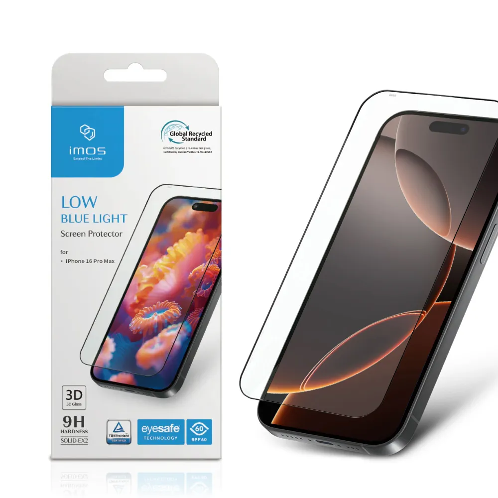 【iMos】iPhone 16 Pro Max 6.9吋 德國萊因認證 3D黑邊RPF60低藍光螢幕保護貼