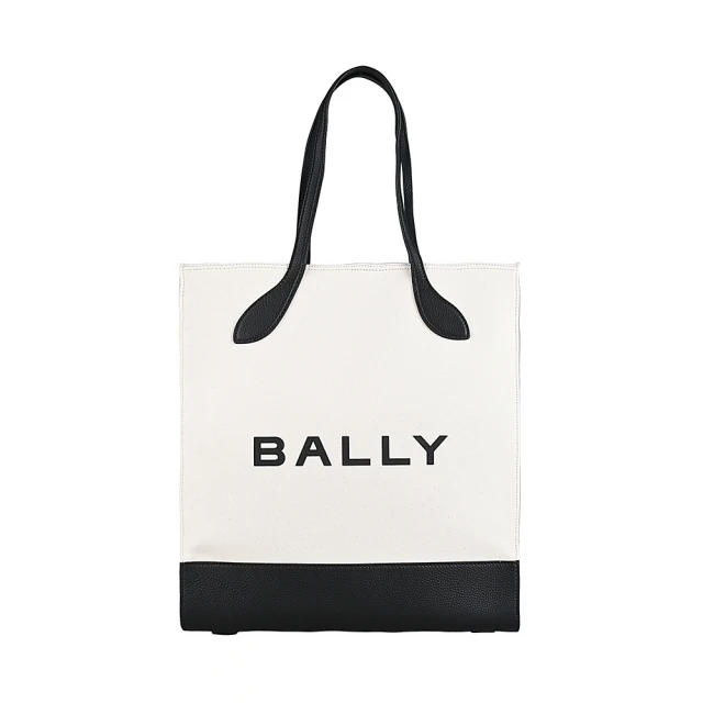 BALLY BALLY Bar燙印黑字LOGO設計帆布拼接牛皮手提托特包(白x黑)