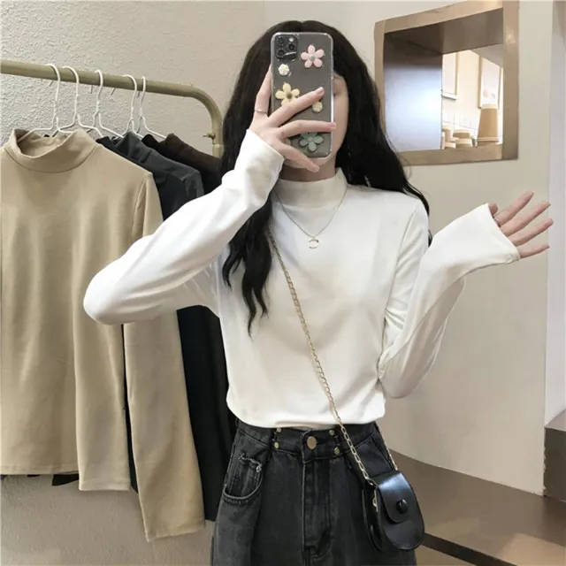 【D.studio】韓版半高領薄內刷毛內搭顯瘦長袖上衣(女裝衣服寬鬆上衣顯瘦上衣長袖t恤冬裝發熱衣 W321)
