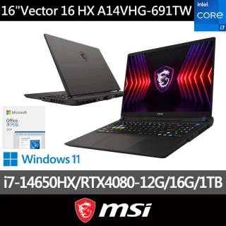 Office 2024★ MSI 微星 16吋i7-14650HX RTX4080電競筆電(Vector 16 HX/16G/1T SSD/W11/A14VHG-691TW)