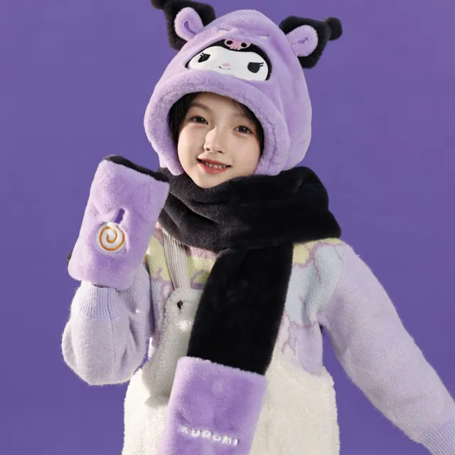 【SANRIO 三麗鷗】三麗鷗兒童毛帽圍巾手套3合1套組(酷洛米/美樂蒂/大耳狗/凱蒂貓 交換禮物/聖誕禮物)