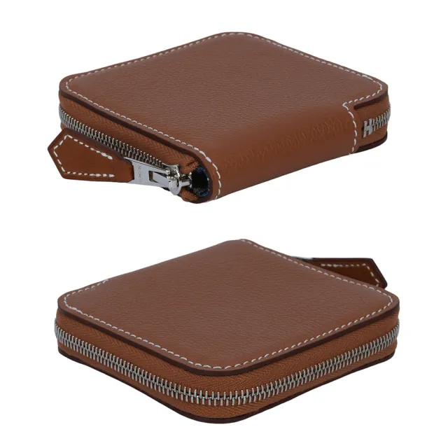【Hermes 愛馬仕】Silkin Evercolor皮 絲巾內裡零錢包(金棕色)