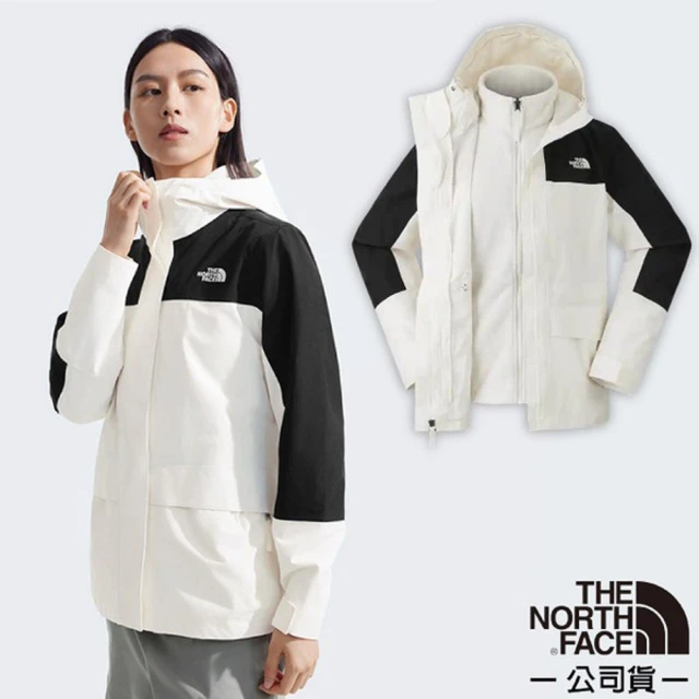 The North Face 女 DRYVENT 兩件式防風防水透濕保暖連帽外套.夾克(89YJ-ROU 沙丘白)