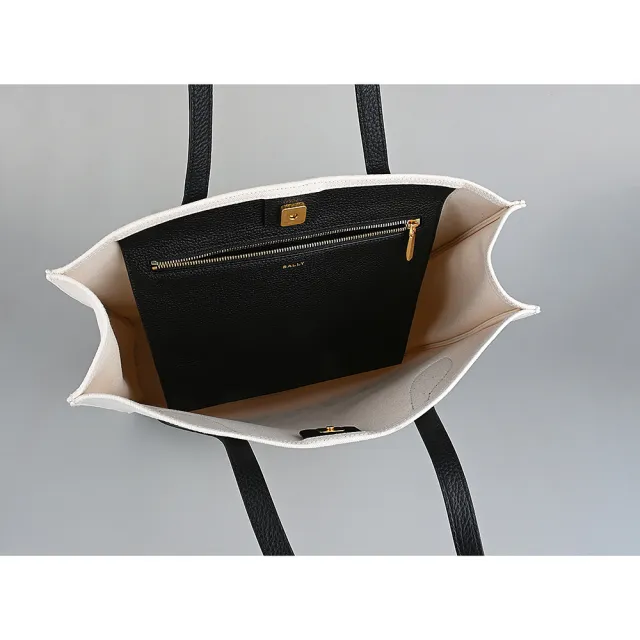 【BALLY】BALLY Bar燙印黑字LOGO設計帆布拼接牛皮手提托特包(白x黑)