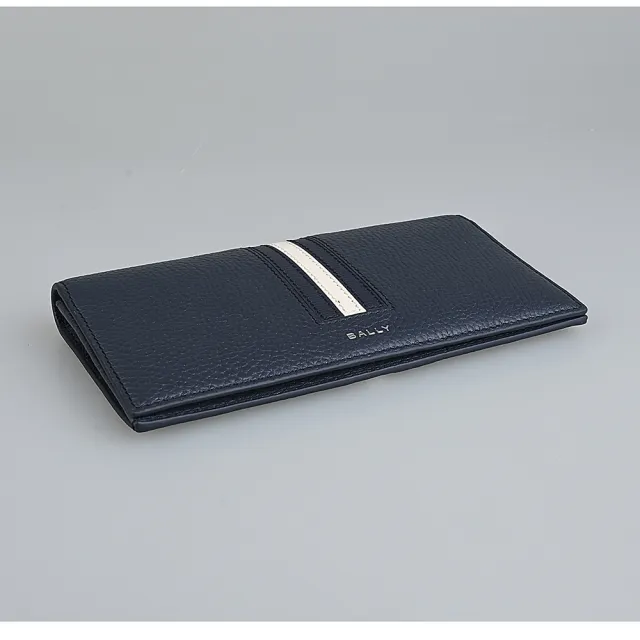 【BALLY】BALLY Ribbon字母燙印LOGO藍白藍條紋小牛皮8卡對折長夾(深藍)