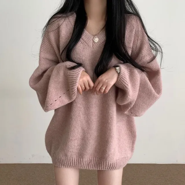 【D.studio】韓版V領顯瘦長版毛衣(針織上衣長袖上衣女裝衣服長袖t恤 保暖上衣冬天女裝秋冬女裝 W514)