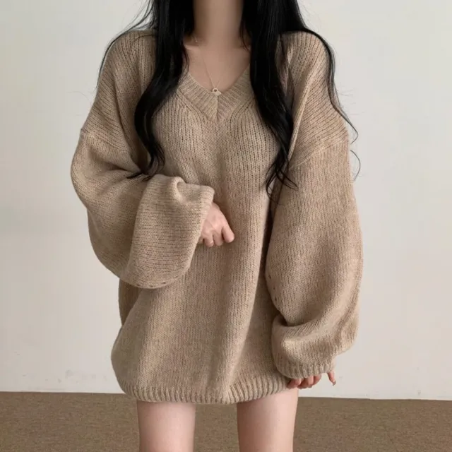 【D.studio】韓版V領顯瘦長版毛衣(針織上衣長袖上衣女裝衣服長袖t恤 保暖上衣冬天女裝秋冬女裝 W514)