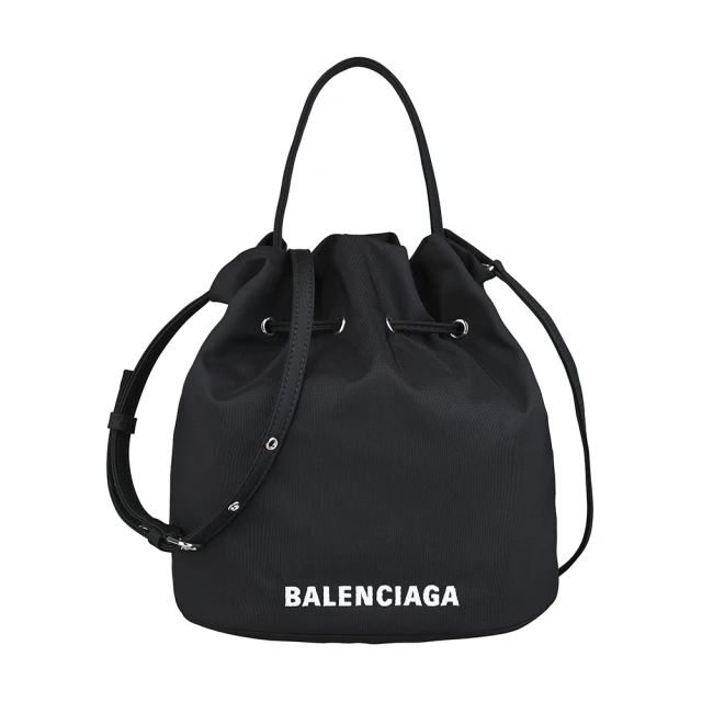 Balenciaga 巴黎世家 BALENCIAGA Wheel刺繡白字LOGO尼龍抽繩束口手提/斜背水桶包(黑)