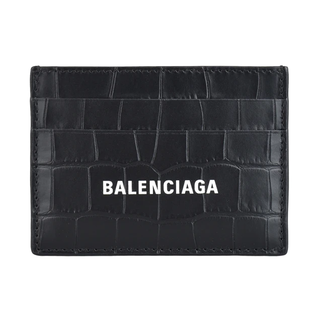 Balenciaga 巴黎世家 BALENCIAGA白字LOGO小牛皮鱷魚紋設計4卡開口式卡夾(黑)