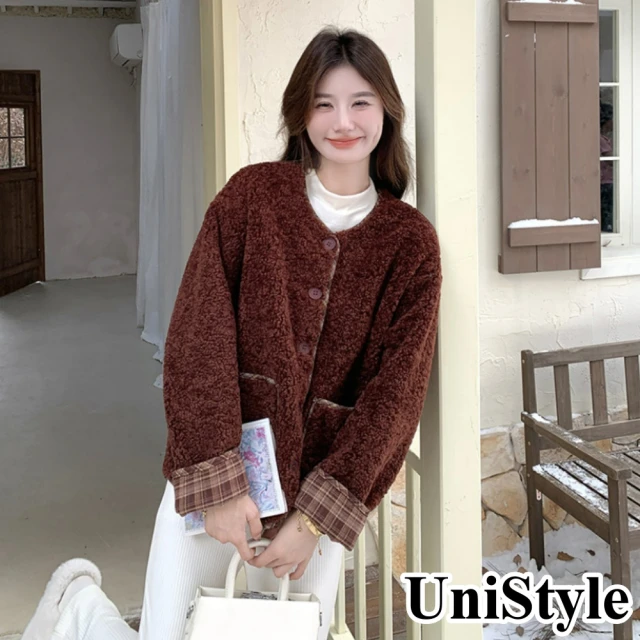 UniStyle 長袖羊羔毛外套 韓系格紋拼接小香風皮毛一體大衣 女 ZM126-9057(安可拉紅)