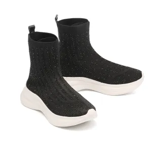 【MELROSE】美樂斯 低調奢華鑽珠飛織布厚底短靴(黑)