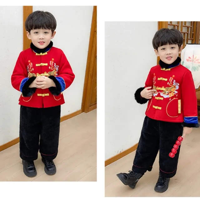 【橘魔法】雙老虎刺繡棉襖+九分褲(套裝 長袖上衣 褲子 拜年服 大紅 過年 新年 唐裝 中國風 保暖 男童)