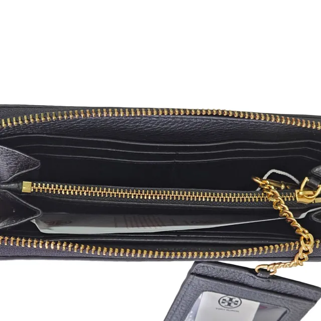 【TORY BURCH】Britten復古金框簍空LOGO荔枝紋小牛皮8卡拉鏈長夾附鍊帶卡夾(黑色/贈原廠紙袋)