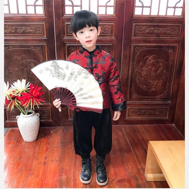 【橘魔法】古風圖騰上衣棉襖+縮口褲(套裝 褲子 拜年服 大紅 過年 新年 唐裝 漢服 中國風 男童 兒童 童裝)