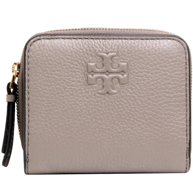 TORY BURCH THEA 浮雕LOGO外縫線荔枝紋皮革釦式短夾(大象灰)