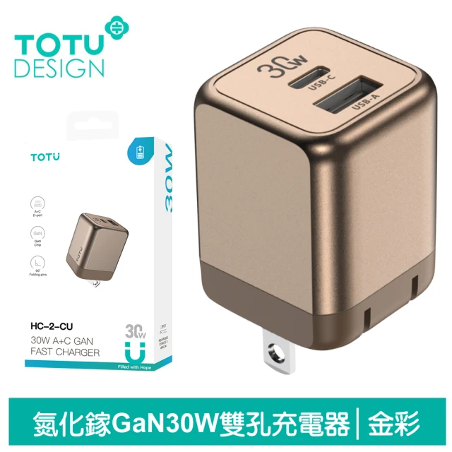 TOTU 拓途 30W 雙孔 GaN氮化鎵充電器 PD+QC 1C1A 金彩(支援iPhone16/安卓/Type-C快充頭)