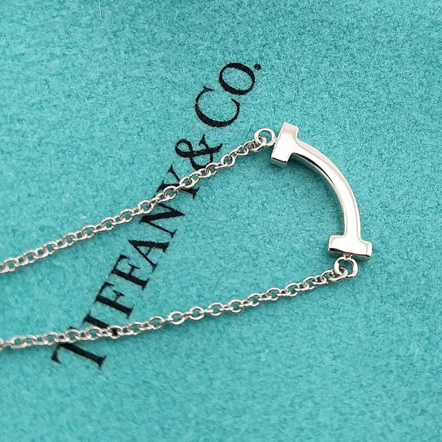 【Tiffany&Co. 蒂芙尼】18K白金-鑲16顆迷你鑽石 T Smile微笑墜飾項鍊(展示品)