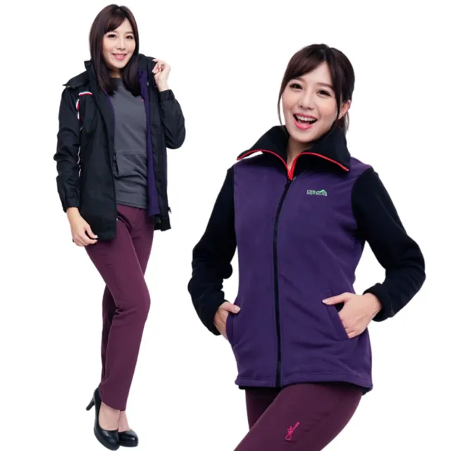 【戶外趣】女款鈕扣立領全防風防水兩件式連帽背心外套(HJL004 黑紫)
