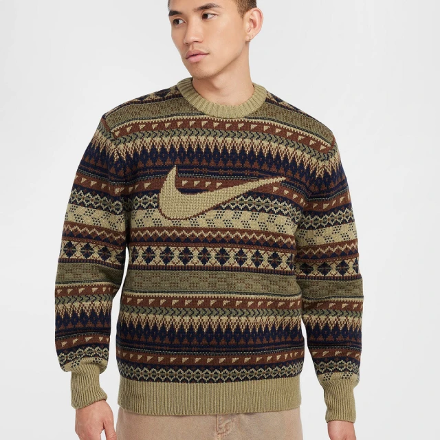 NIKE 耐吉 毛衣 保暖 長袖上衣 男款 AS M NL FAIR ISLE CREW SWEATER 棕色(FZ0126276)