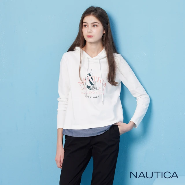 NAUTICA 官方旗艦 女裝 帆船印花假兩件長袖帽T(白色)