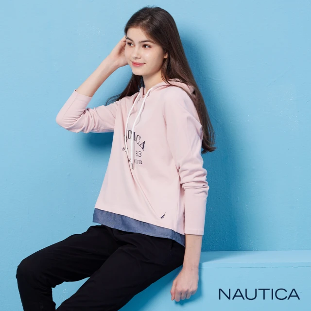 NAUTICA 官方旗艦 女裝 帆船印花假兩件長袖帽T(粉色)