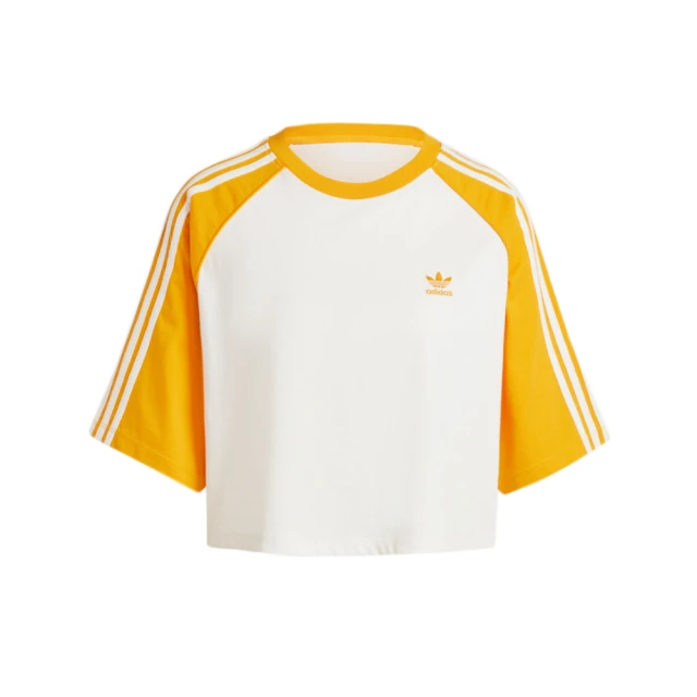 adidas 愛迪達 SST Tee 女 短版 短袖 上衣 休閒 經典 三葉草 寬鬆 棉質 撞色 白 黃(IZ2826)