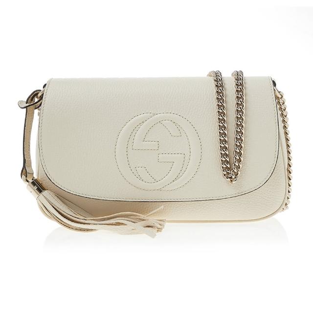 【GUCCI 古馳】536224 經典SOHO系列流蘇淡金鍊帶掀蓋肩背/斜背包(白色)