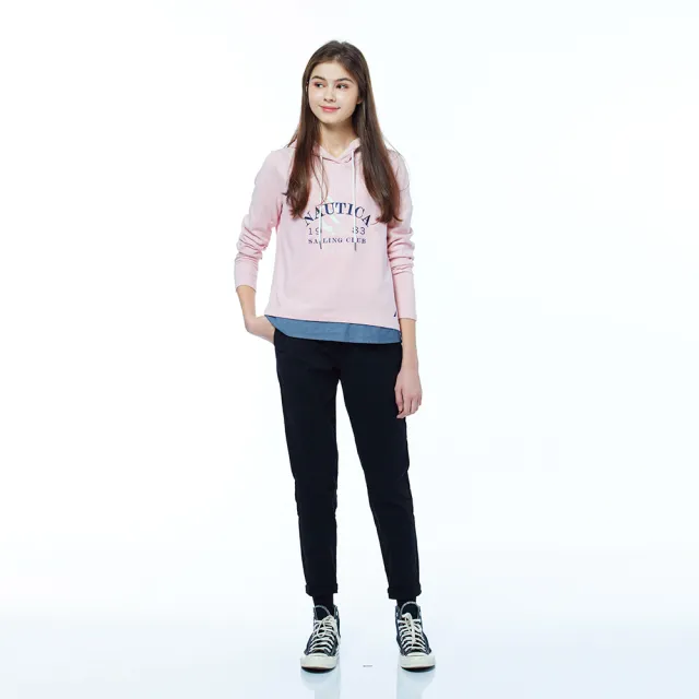 【NAUTICA】官方旗艦 女裝 帆船印花假兩件長袖帽T(粉色)