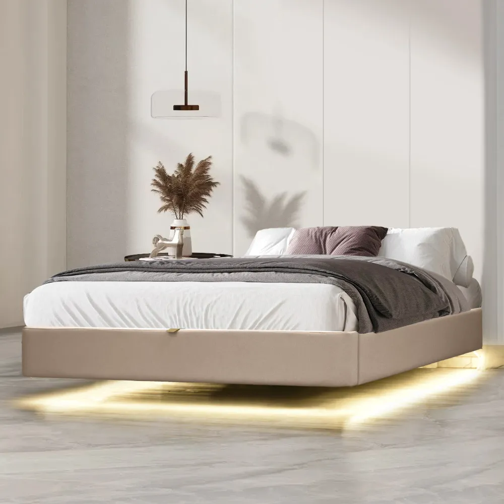 【IHouse】享浮 現代智能感應 雙大6尺貓抓皮 燈帶款懸浮床架/床底/床座