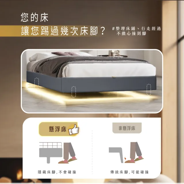 【IHouse】享浮 現代智能感應 雙大6尺貓抓皮 燈帶款懸浮床架/床底/床座