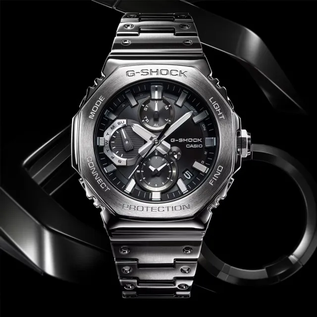 【CASIO 卡西歐】G-SHOCK 太陽能藍芽 全金屬八角形三眼計時錶-黑(GMC-B2100D-1A)