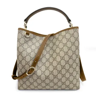 【GUCCI 古馳】815103 經典GG Emblem系列手提斜背兩用水桶包(棕色)