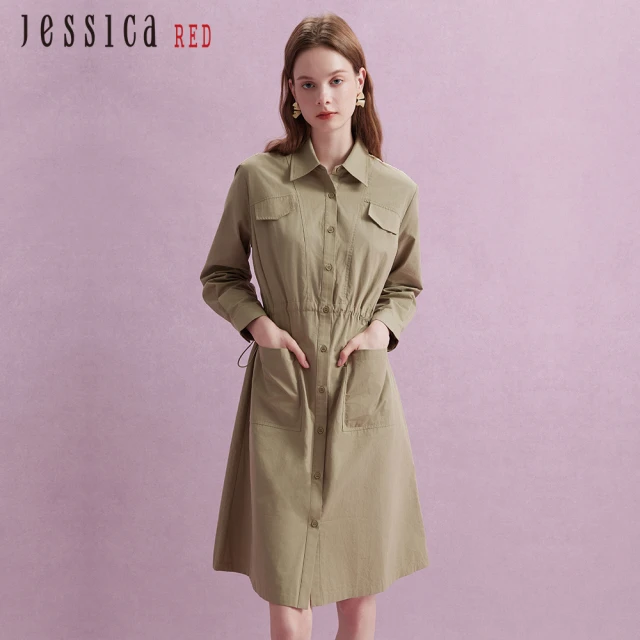 Jessica Red 簡約氣質條紋披肩收腰抽繩棉質長袖洋裝（綠）R44700