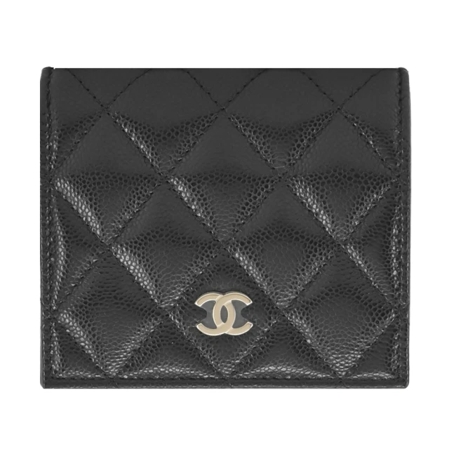 CHANEL 香奈兒 經典雙C LOGO小牛皮對開零錢短夾短夾(黑色)