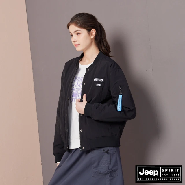 JEEP 女裝 時髦率性鋪棉飛行夾克外套(黑色)