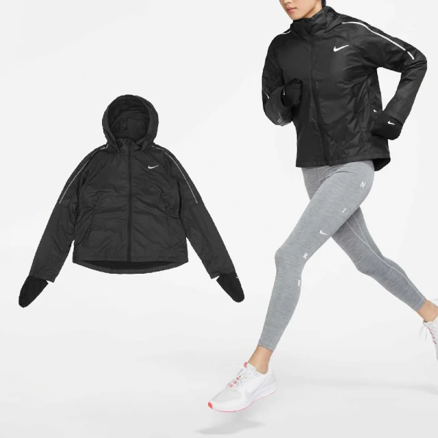 NIKE 耐吉 外套 Shield Running 女款 黑 白 防潑水 內置手套 連帽外套 運動 慢跑 風衣(CU3386-010)